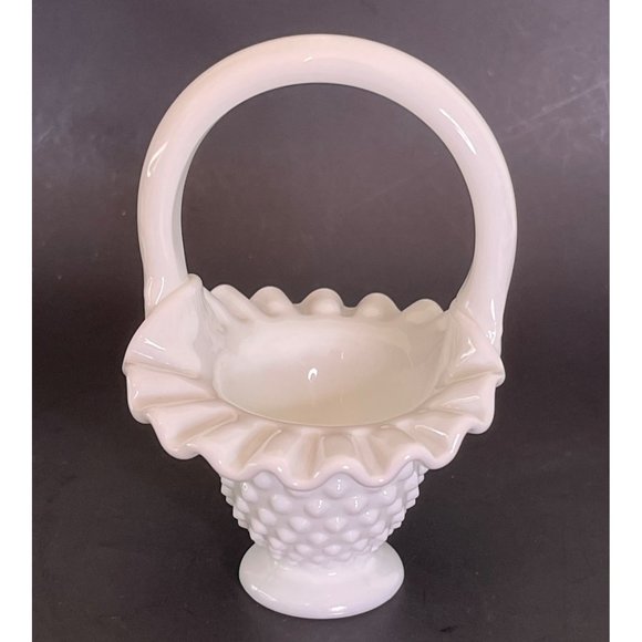 Fenton Milk Glass Bride Flower Basket Hobnail Ruffle Vintage 50's 5.5" x 4.5" - Picture 6 of 10